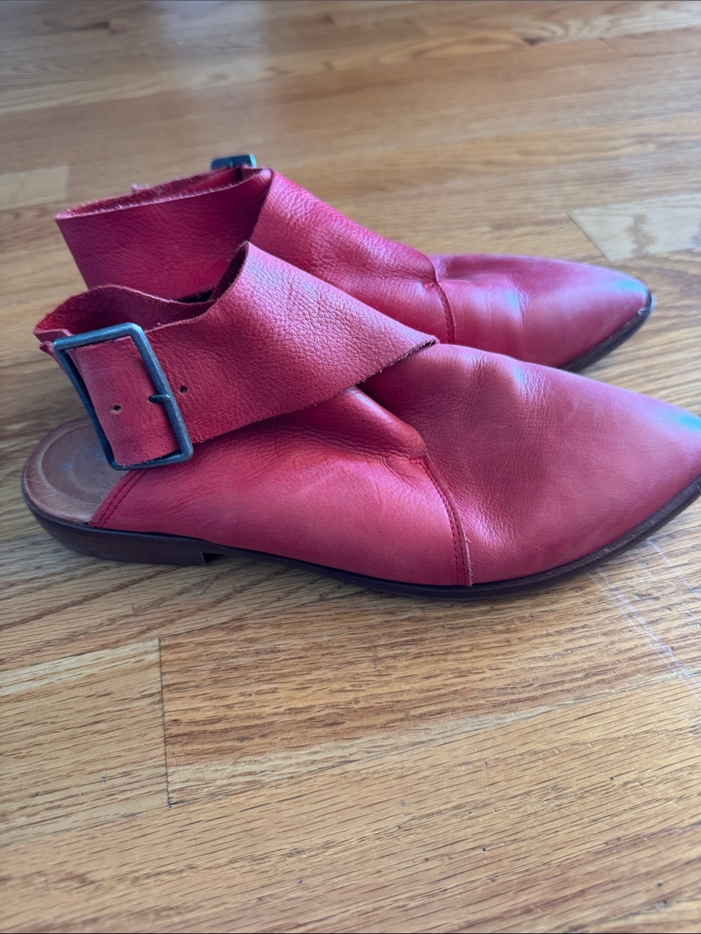 Free People Red Leather Buckle Slingback Mules - ankle wrap